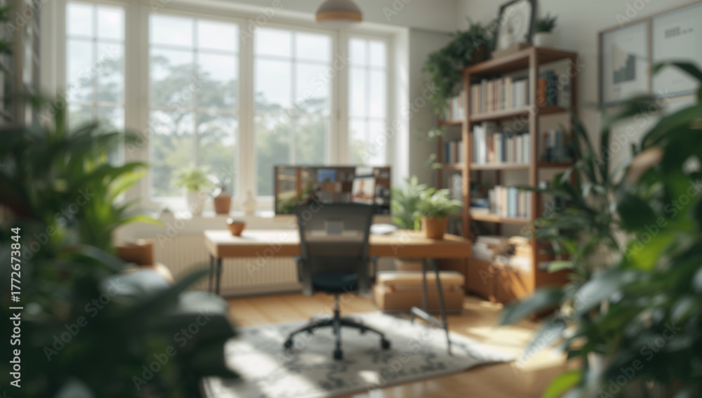 Fototapeta premium Blurred background of a modern home office with a chic desk and computer, surrounded by books and plants, fostering focus