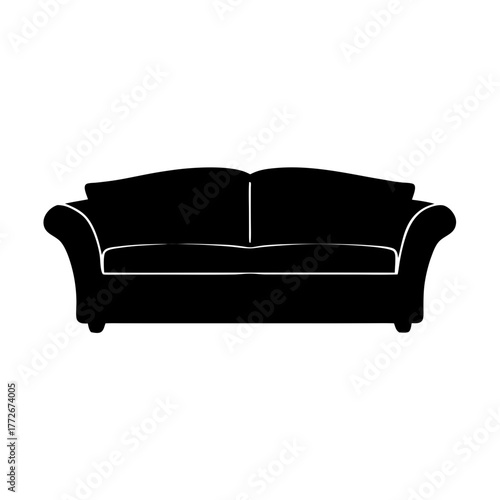Elegant black sofa with a classic design in solid black silhouette