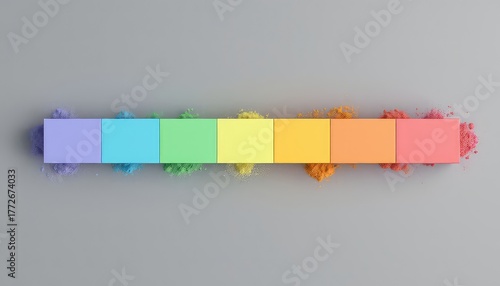 Seven colorful blocks arranged in a row with corresponding color dust scattered around on a neutral surface