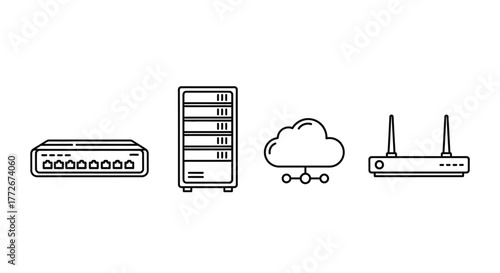 Network infrastructure icons featuring router server cloud and wireless access point simplified line art vector