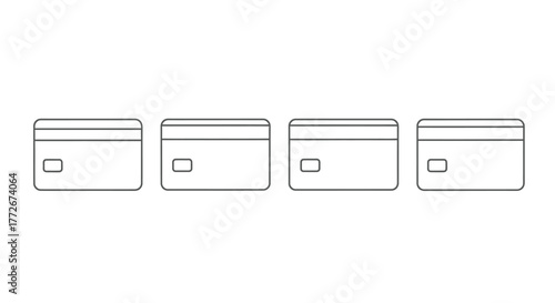 Four white credit cards lined up in a row showing chip and magnetic stripe vector
