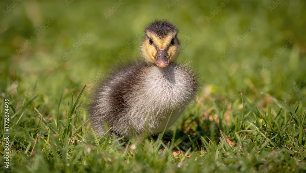 Obraz premium Photo of a young duck drying off in a natural grassy setting