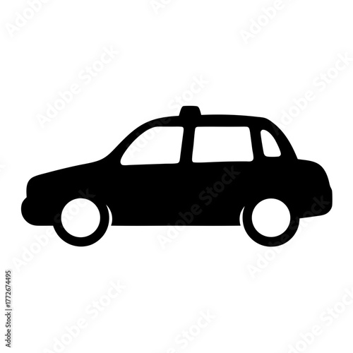 A stylized black silhouette of a taxi cab on a white background