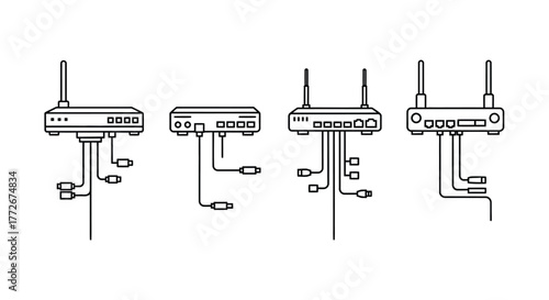 Network routers and modems with connected cables technical schematic diagrams isolated vector