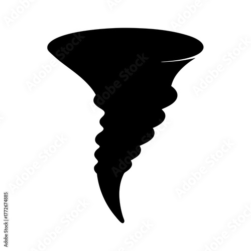 Stylized black silhouette of a tornado or twister depicted on white