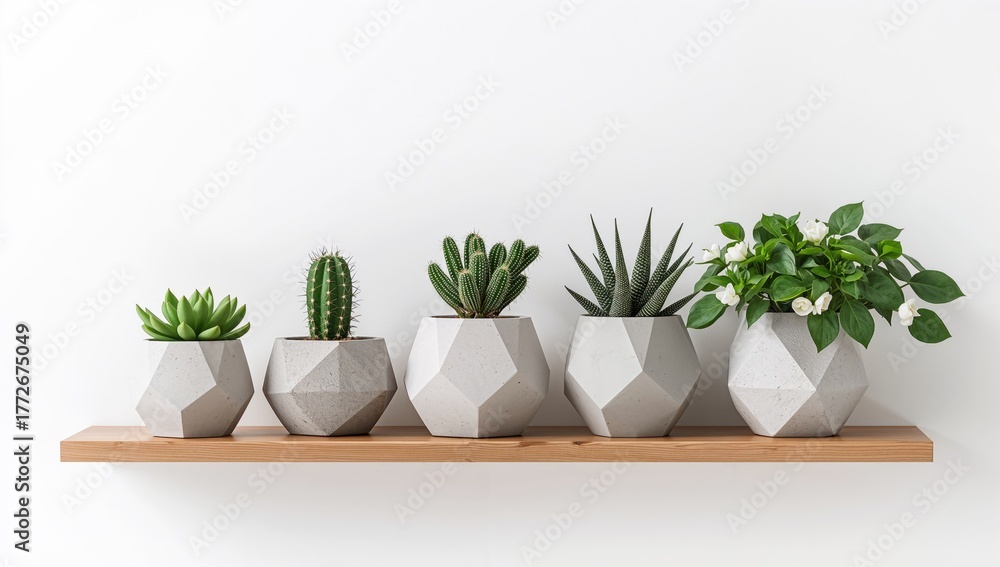 Fototapeta premium Minimalist concrete planters featuring green cacti, white blooms, and succulents arranged on a wooden shelf against a white backdrop with ample copy space.