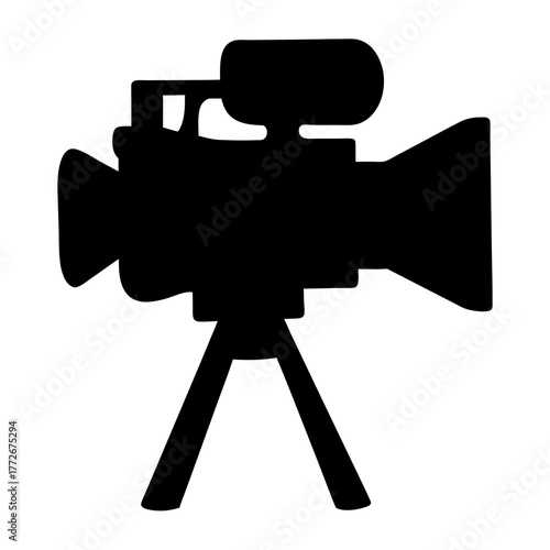 Black Silhouette of a Professional Film Camera on a Tripod Stands Out