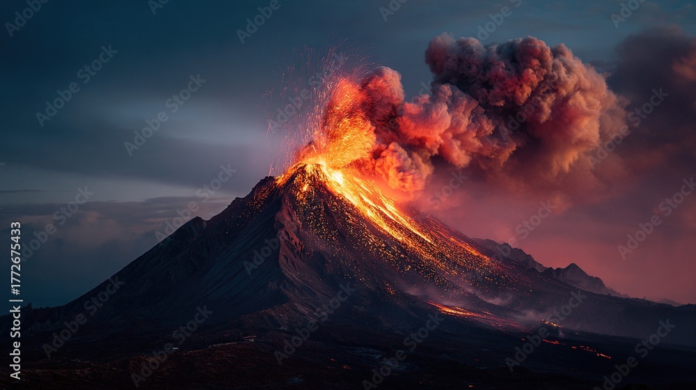 Fototapeta premium erupting. A powerful volcano erupting with lava and ash against the sky. ESG reports, sustainability campaigns, designed for sustainability communications and ESG reporting.
