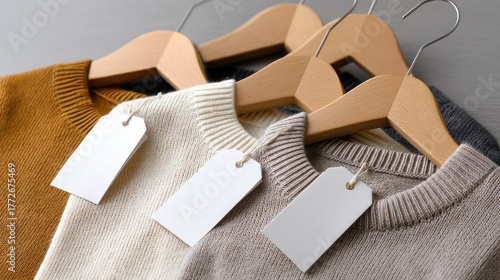 Blank swing tag label attached to textile on neutral seamless, clothing brand mockup, soft styling