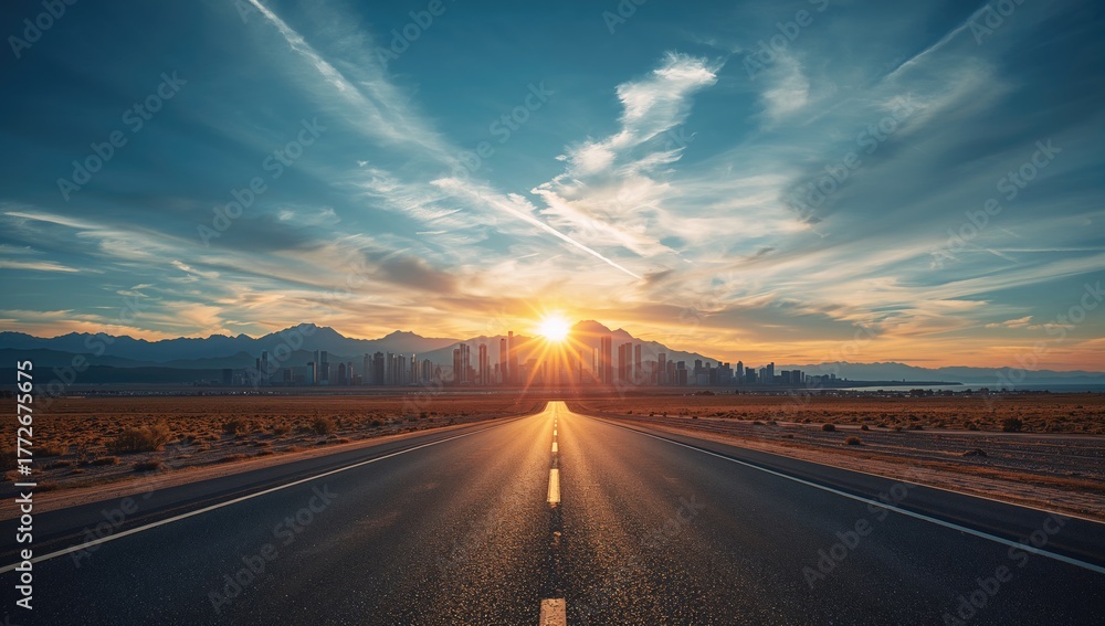Naklejka premium Dusk over an empty road with a modern cityscape and mountain backdrop, viewed from an intense angle