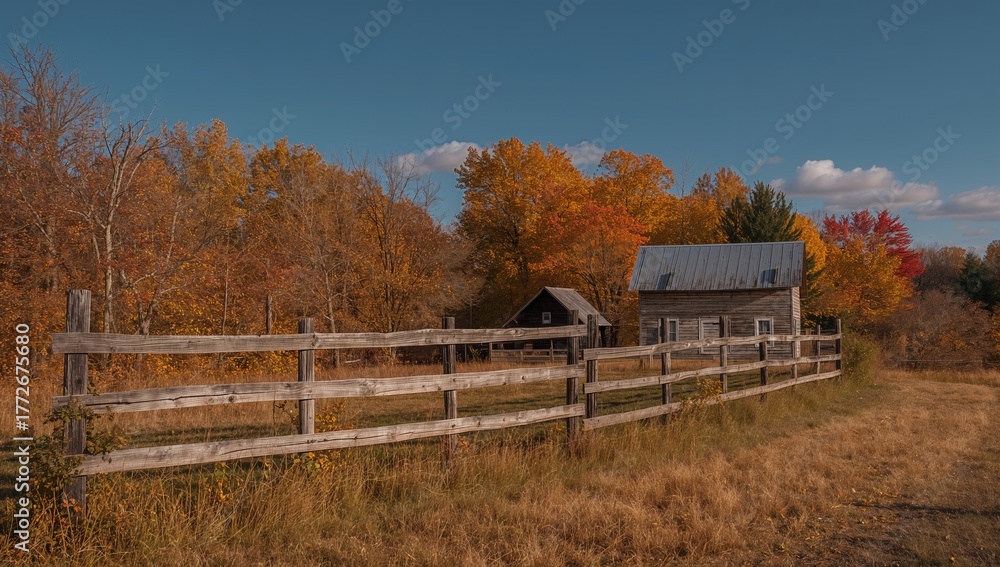Fototapeta premium An old farmhouse surrounded by a rustic fence and autumnal trees, seasonal change