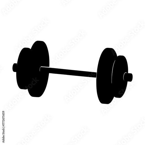 A minimalist black and white illustration of a classic barbell weight training tool