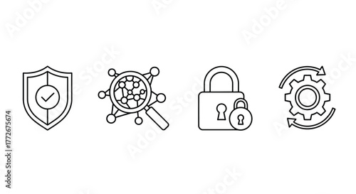 Digital security and technology icons set data protection network analysis and system optimization vector