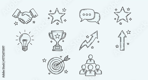 Collection of hand drawn doodle icons representing business success and achievement.