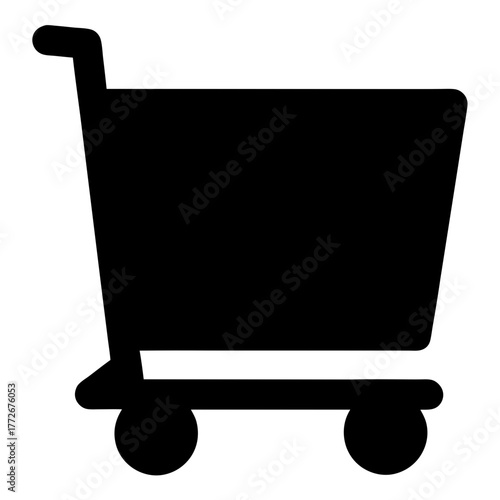 Solid shopping cart icon in black silhouette, Black silhouette of a solid-style shopping cart, symbolizing e-commerce, retail shopping, and consumer goods in digital interfaces.
