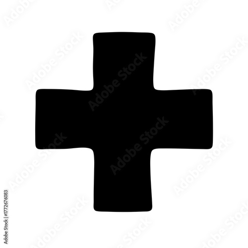 Medical cross icon in black silhouette, Black silhouette of a medical cross symbol, often used in healthcare, first aid, emergency services, and hospital-related graphics.

