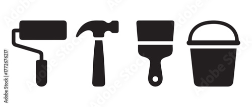 DIY Tool Icon Set. Paint Roller, Hammer, Brush, and Bucket Silhouettes in Black Outline.