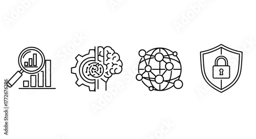 Four icons representing data analysis ai brain network security shield with padlock vector