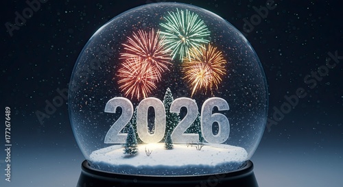 Snow globe with fireworks display and 2026 inscription festive celebration