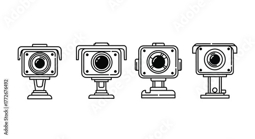 Collection of four surveillance cameras presented in a row hand drawn style vector