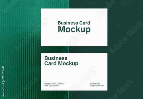 Two-Sided Horizontal Modern Business Card Mockup on Textured Green Background