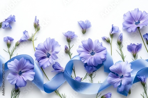 Wallpaper Mural Beautiful arrangement of delicate blue flowers intertwined with soft satin ribbon, creating elegant decorative piece ideal for celebrations, gifts, or special occasions showcasing nature's beauty Torontodigital.ca