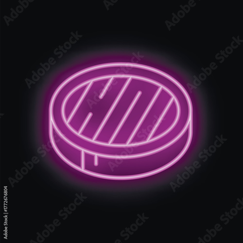 Glowing neon icon of grilled steak with appetizing grill marks on dark background