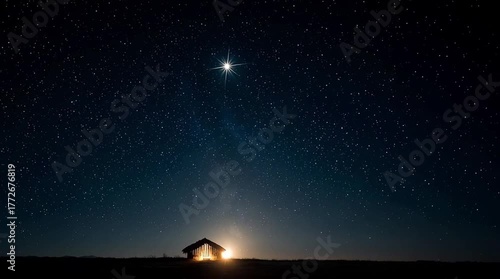 Image of Jesus in the manger in a hut, the Star of Bethlehem against the starry night sky. Christmas background, wide panorama, photorealistic image, slow motion video. Merry Christmas!
