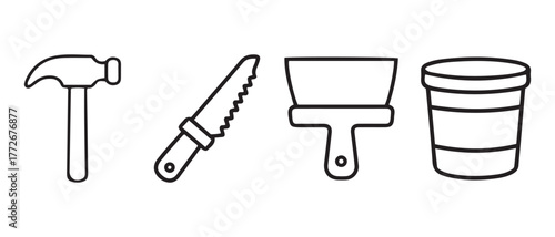 Construction Tool Icon Set. Hammer, Saw, Putty Knife, and Paint Bucket in Black Outline.