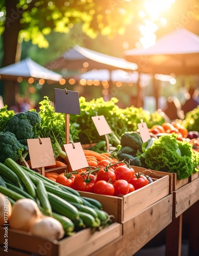 Fresh Produce Displayed at Farmers Market with Blank Signs and Sunlight