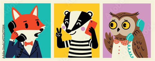Cartoon illustration of fox, badger, owl, bear, monkey, and rabbit communicating with phones and gadgets