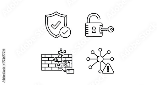 Cybersecurity icons set shield lock firewall network security digital protection data safety concepts vector