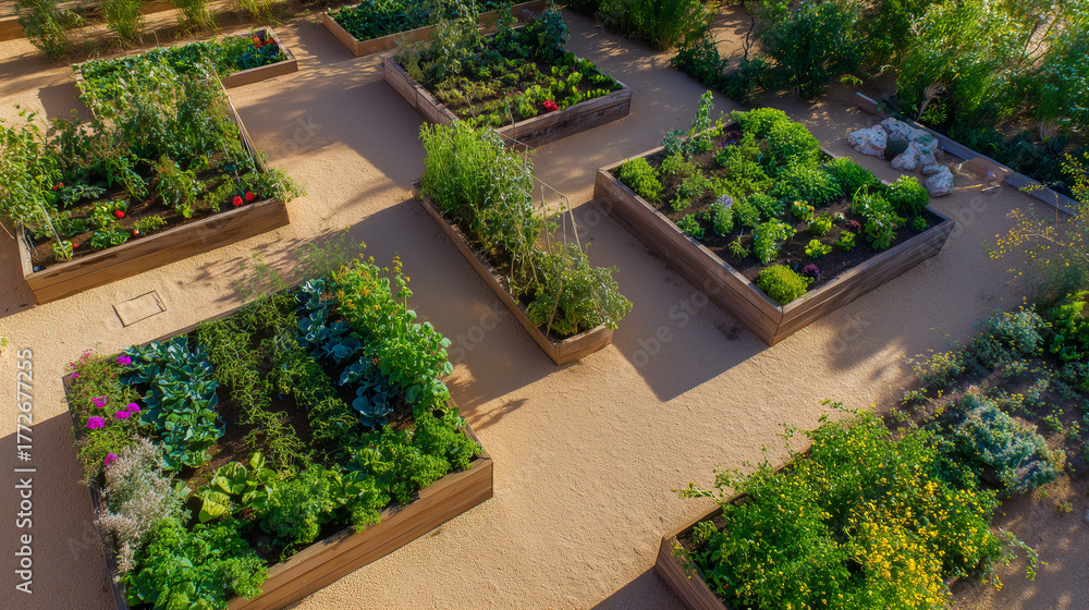 Fototapeta premium Lush vegetable garden beds under sunlight, representing community gardening and sustainability. ESG reports.
