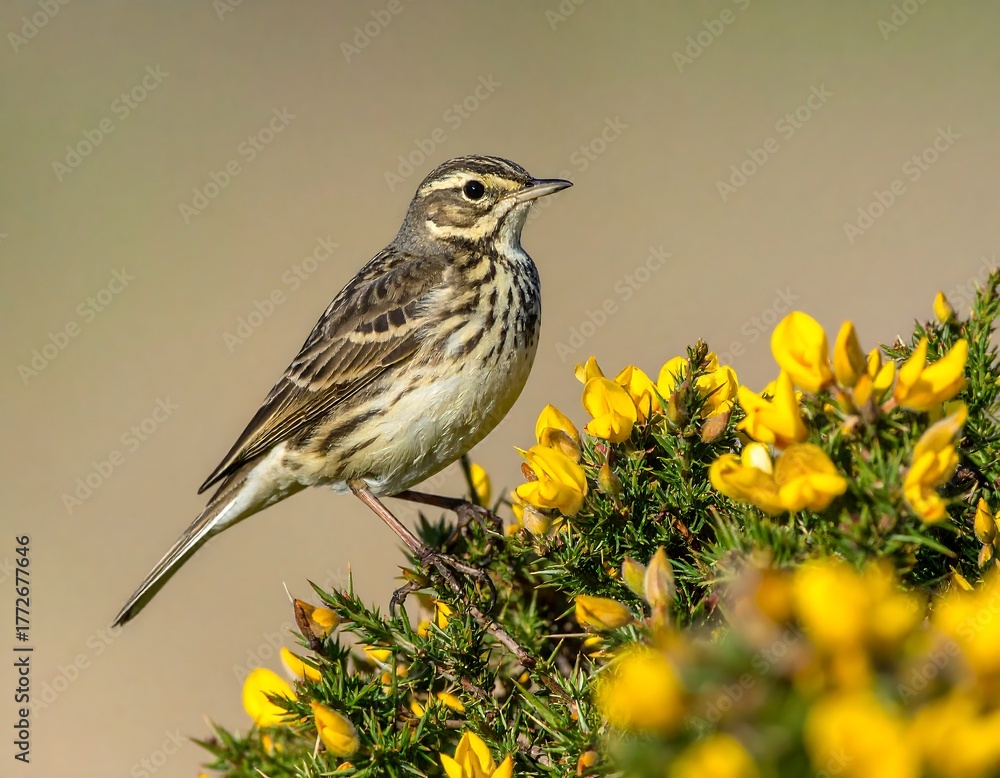 Fototapeta premium A small brown and beige bird perched on a bush with yellow flowers
