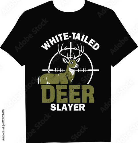 A black tshirt with a whitetailed deer slayer design featuring a deer in the crosshairs of a rifle scope, perfect for hunting enthusiasts