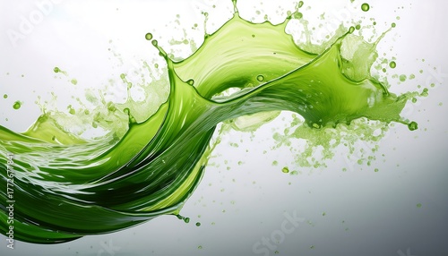 A dynamic liquid motion advertisement for a healthy drink or smoothie featuring a solitary green juice splash on a white background