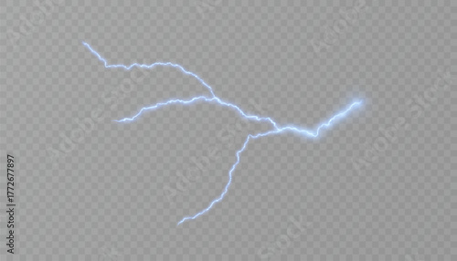 Realistic blue lightning with a soft glow and branched discharge on a transparent background.