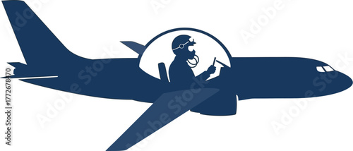 Silhouette of pilot flying an airplane on beige background for travel design
