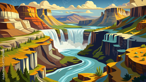 Very beautiful aerial view of Shoshone Falls, known as the “Niagara of the West,” on the Snake River in Idaho, USA, showing cascading waterfalls and dramatic canyon scenery.