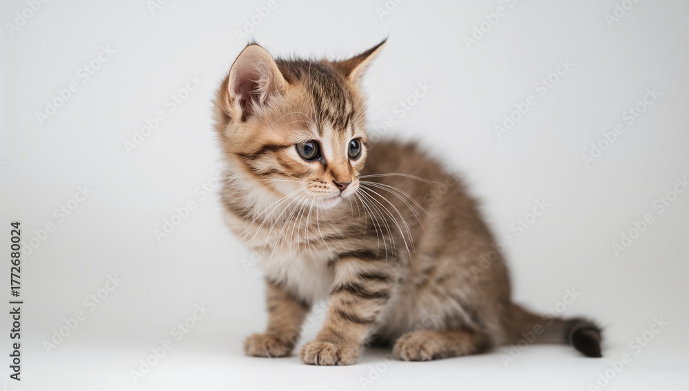 Obraz premium Adorable tabby kitten sitting and looking to the side, conveying curiosity and calmness