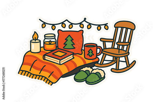 Cozy holiday home with blanket, candle, books, and rocking chair - Concept of set of vector stickers  