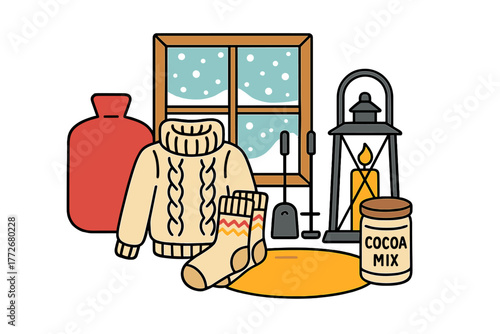 Cozy winter interior scene with sweater, cocoa mix, and lantern  
