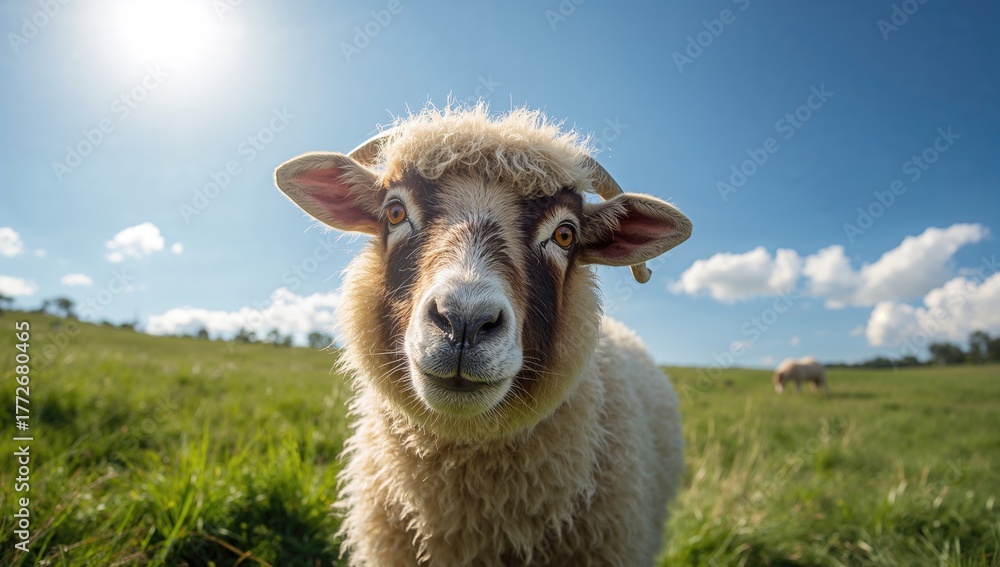 Obraz premium Humorous sheep gazing directly at the viewer, playful demeanor