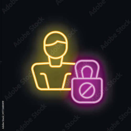 Glowing neon icon of a person with an unlocked padlock, representing a security breach and potential vulnerability