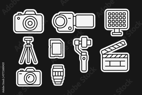 Photography equipment vector stickers on black background concept  