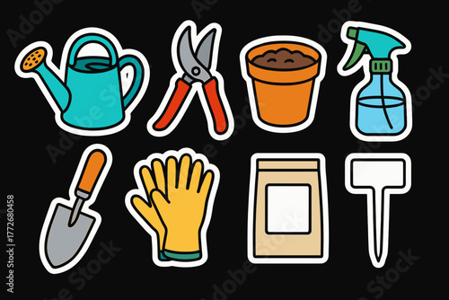Gardening tools in a vector sticker set on a black background  