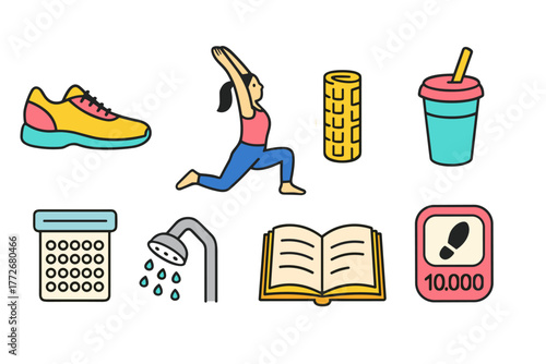 Fitness lifestyle icons including sneaker, yoga, and healthy drink - Concept of set of vector stickers  
