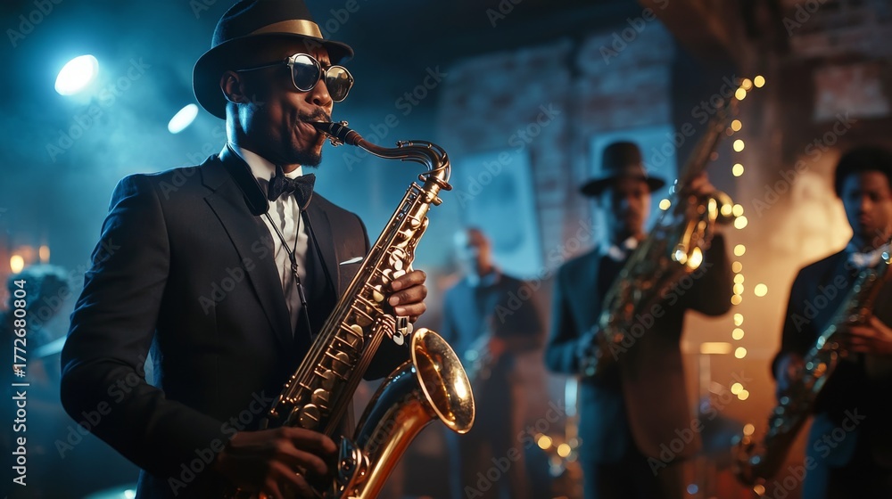 Naklejka premium A group of African American men perform jazz music in a lively setting. One man plays the saxophone, wearing sunglasses and a suit. The atmosphere is festive and vibrant.