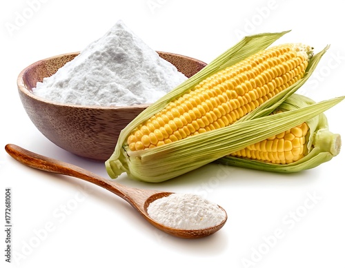 Isolated on a white background, corn starch in a wooden bowl and spoon with fresh sweet corn