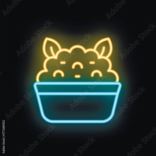Bright neon sign illustrating a bowl full of hummus, garnished with chickpeas and leaves, perfect for a restaurant menu